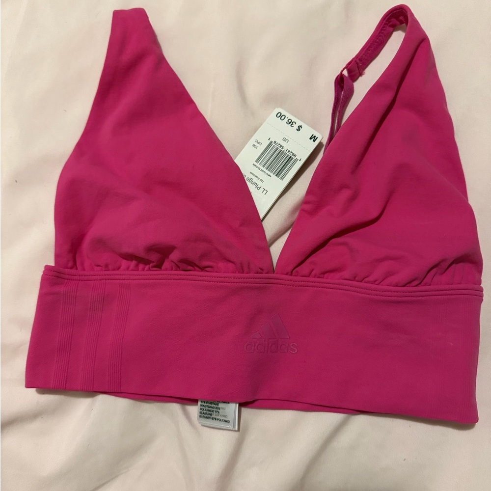 Adidas Seamless Plunge Sports Bra Pink Size Medium NWT Athleisure - Picture 2 of 3